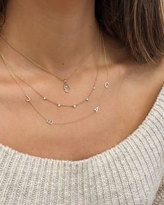 14k Gold Asymmetrical Multiple Initials Necklace - Zoe Lev Jewelry Multiple Initial Necklace, Permanent Necklace Jewelry, Rose Gold Initial Necklace, Multiple Necklaces, Initials Necklace, Initial Necklace Silver, Permanent Jewelry, Golden Necklace, Initial Necklace Gold