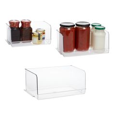 three shelves with jars and condiments on them