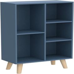 a blue bookcase with three shelves and two wooden legs