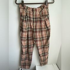 Listicle Plaid Tapered Leg Trousers With A Cotton Woven Fun Plaid Fabric! These Cute Pants Have A Zip Fly And Button Closure With Elastic At The Waist, Dropped Side Pockets With Pleats. **** Photo Of Model Is Not The Same Color, Just To Show Fit. Fit Small For A Large. Color Is Brown/Red/Black/Yellow/Blue Vintage Ankle Pants For Fall, Retro Plaid Bottoms With Pockets, Vintage High Waist Plaid Bottoms, Multicolor Casual Workwear Pants, Casual Plaid Bottoms With Belt Loops, High Waist Multicolor Workwear Bottoms, High Waist Multicolor Bottoms For Work, Multicolor High Waist Bottoms For Work, Cute Pants