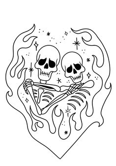 two skulls in the shape of a heart with fire and stars on it, one is holding