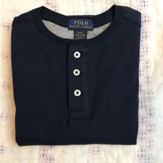 Dark Blue, Three Button Henley By Polo Ralph Lauren. Super Soft 60% Cotton/40% Poly Blend. Lined W/Grey Inside. Nwt. 4t. Classic Button-up Henley With Buttons, Classic Henley Neckline Top With Buttons, Classic Cotton Henley With Buttons, Classic Cotton Henley, Classic Crew Neck Henley With Buttons, Short Sleeve Cotton Henley With Buttons, Blue Crew Neck Shirt With Button Closure, Long Sleeve Cotton T-shirt With Buttons, Cotton Long Sleeve Henley With Buttons