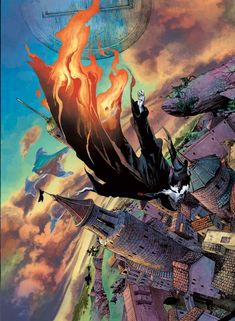 a man flying through the air while riding on top of a fire filled sky above a city