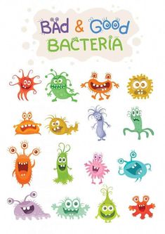 an image of cartoon monsters with caption for bad and good bacteria written below