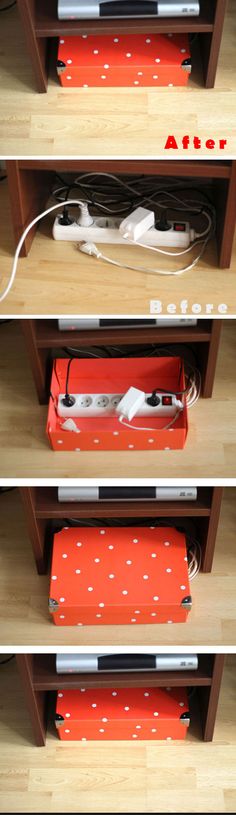 two pictures of an orange box with white polka dots on it, and the bottom one has a video game controller in it