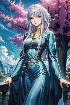 an anime character with long white hair and blue dress standing in front of a tree