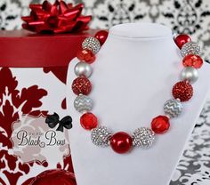 MERRY & BRIGHT Christmas Necklace Christmas by ChunkyStuffByLBB Red Jewelry For Holiday Jewelry Making, Red Christmas Party Necklaces, Red Necklaces For Valentine's Day Festive Occasions, Red Jewelry For Christmas Birthday, Red Necklace For Valentine's Day Festivities, Red Round Beads Jewelry For Christmas, Adjustable Red Necklace For Holiday, Red Beaded Necklace For Party, Red Beaded Jewelry For Holiday