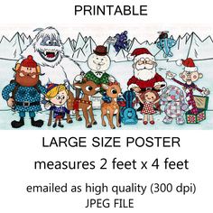 a group of cartoon characters standing next to each other with the text printable large size poster measures 2 feet x 4 feet