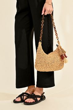 Woven Rattan Bag Tortoise Shell Should Strap Tassel Detail Zipper Closure Lined Zippered Inside Pocket Packaged and Shipped From Indianapolis, IN 11” L x 7” W Casual Brown Straw Bag With Fringe, Casual Brown Crochet Bag With Fringe, Brown Fringe Shoulder Bag For Vacation, Brown Beach Bags With Tassels, Chic Vacation Shoulder Bag With Tassels, Brown Tassel Shoulder Bag For Vacation, Casual Brown Crochet Bag With Tassels, Chic Tassel Shoulder Bag For Vacation, Chic Brown Hobo Bag With Tassels