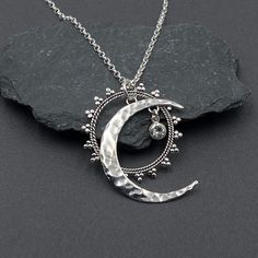 "Sterling silver Celestial Sun, Moon, and Star necklace accented with a Swarovski Crystal of your color choice. All pieces dangle independently of each other. The moon symbolizes the rhythm of time and its phases symbolize eternity and enlightenment. - Chain Style: Oxidized Cable or Shiny Rolo - Chain Length: 16\", 18\", 20\", 22\", 24\" - Moon Pendant 1 3/8\" tall - All jewelry parts are 925 solid sterling silver - Swarovski Crystals: See the Image chart for crystal colors OXIDIZED CHAIN Option Moon And Star Necklace, Sun And Moon Necklace, Crystal Colors, Celestial Sun, Large Pendant Necklace, Celestial Jewelry, Moon And Star, Crystal Stars, Moon Goddess