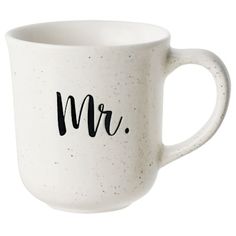 a white coffee mug with the word mr on it's side and black lettering