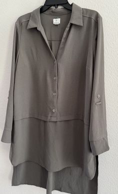 b new york blouse Women's Eco Hi-lo Roll Sleeve Y Neck Button Down gray large Gray Long Sleeve Tops With Buttons, Gray Long Sleeve Tops With Button Closure, Gray Long Sleeve Blouse With Buttons, Button-up Blouse For Layering, Gray Long Sleeve Office Shirt, Gray Collared Top For Fall, Gray Button-up Top With Button Cuffs, Gray Workwear Shirt With Buttons, Gray Buttoned Shirt For Work