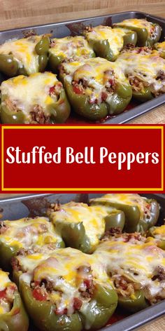 stuffed bell peppers with cheese and meat in baking pans on wooden table top, side by side