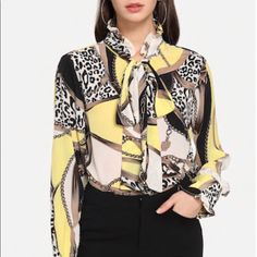 This Is A Multi Color Graphic Print Featuring Leopard Patterns. Chains And Dramatic Lines. This Blouse Serves As The Focal Point Of Your Outfit. Make Your Statement In Yellow Or Blue. New Item Not Used. Great Price$$$. Sizes: Yellow X Large, Blue Medium & Large Please Indicate Size When Making Your Purchase. Spring Shirts, New Item, Long Sleeve Pullover, Sweater Jacket, Dress Collection, Leopard Print, Knot, Sleeve Blouse, Multi Color