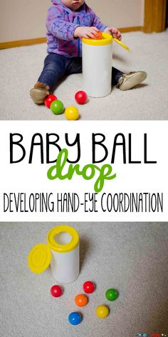 a baby sitting on the floor next to a container filled with colorful candies and text that reads, baby ball drop developing hand - eye coordination