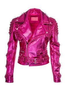 pink studded moto jacket Pink Leather Jacket, Catty Noir, Studded Shorts, Faux Leather Biker Jacket, Looks Party, Rocker Style, Pink Metallic, Pink Jacket, Short Coat