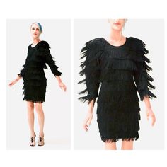 "super fun 80s does 20's inspired fringe dress: * Constructed in black knit jersey for comfy fit * Fringe on the whole body * Elbow Length sleeves * Structured padded shoulders * Used vintage condition, the fringe is frayed on some ends and has been cleaned. By CM Larfra NYC couture No Size, like a Small Medium 100% polyester jersey (With a bit fo stretch) Bust 33-40\" Hips 36-44\" Length from high point of shoulder 34\" All measurements are given in full. Thank you for visiting Hooked On Honey, Black Fringe Flapper Dress For Night Out, Fitted Flapper Dress With Fringe For Evening, Fitted Fringe Flapper Dress For Evening, Black Flapper Dress With Fringe, Black Flapper Dress With Fringe For Evening, Black Fringe Flapper Dress For Evening, Fitted Fringe Flapper Dress For Cocktail, Fitted Cocktail Flapper Dress With Fringe, Evening Black Flapper Dress With Fringe