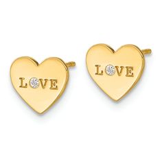 14k yellow gold polished love cubic zirconia heart stud earrings. Measure approximately 5/16"L x 5/16"W and have push backings. Gold Classic Diamond Earrings For Valentine's Day, Yellow Gold Cubic Zirconia Diamond Earrings For Valentine's Day, Valentine's Day Yellow Gold Cubic Zirconia Diamond Earrings, Yellow Gold Cubic Zirconia Heart Earrings For Anniversary, 14k Gold Diamond Earrings With Accents For Valentine's Day, Gold Heart Cut Diamond Earrings For Valentine's Day, Valentine's Day 14k Gold Diamond Earrings With Accents, Valentine's Day Yellow Gold Diamond Earrings, Gold Sterling Silver Diamond Earrings For Valentine's Day