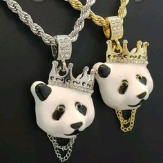 Hip Hop Iced Out Lab Diamond Panda King Pendant & 4mm 24" Rope Chain Necklace New Arrival Brand New Hip Hop Celebrity Style Color Option : Gold Or Silver Chain : 4mm 24" Rope Chain Plated: 14k Gold , White Gold High Polish White Bling Necklaces For Streetwear, White Chain Jewelry For Streetwear, White Bling Jewelry For Streetwear, White Chain Necklace For Streetwear, White Metal Necklace With Silver Chain, White Necklace With Silver Chain, Panda Pendant, Rope Chain Necklace, Mens Accessories Jewelry