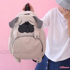 Qteee - Premium Pug Fox Animal Print Backpack Back To School Animal Design Backpack, Casual Backpack With Animal Design, Casual Standard Backpack With Animal Design, Casual Backpack With Animal Design For Back To School, Pug Cartoon, Fox Animal, Pet Fox, Cotton Style, Pug