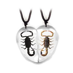 two heart shaped pendants with different types of scorpions on them, one is black and the other is brown