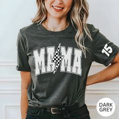 Race Mama Lightening Bolt Shirt Mama Race Shirt Race Day Tee Race Day Vibes Race Season Gifts for Racing Motocross T-Shirt Sports Mom Gifts 🖤 Processing time 3-10 business days (excludes the weekend) 🖤 SHIPPING INFO 3-5 business days (excludes the weekend)  It is that time of year where shipping delays across all carriers are at an all time high. We urge customers to please plan for the full production time frame and plan for shipping to take long then usual. First Class shipping DOES NOT incl Sports Graphic Print Gray Shirt, Motorcycling Graphic Tee With Crew Neck, Motorcycling Graphic Tee Crew Neck, Crew Neck Top With Letter Print For Motorcycling, Gray Sports Top With Sublimation Print, Black Racing T-shirt With Letter Print, Black Racing Style T-shirt With Letter Print, Black Racing Style T-shirt With Logo Print, Black Racing Tops With Logo Print