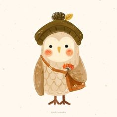 an owl wearing a hat and holding a flower