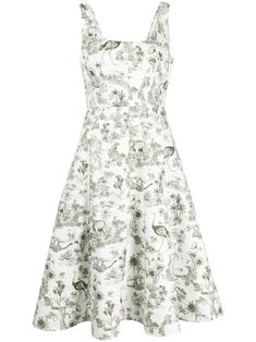 ivory white/forest green stretch-cotton all-over graphic print smocked panel scoop neck sleeveless A-line skirt straight hem below-knee length Printed A-line Midi Dress For Garden Party, Green A-line Silhouette Dress, White Sleeveless Knee-length Dress For Garden Party, White Knee-length Sleeveless Dress For Garden Party, White Printed A-line Dress, White A-line Printed Dress, White A-line Sleeveless Dress For Garden Party, Skirt Straight, White Forest