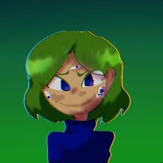 an animated image of a woman with green hair and blue eyes looking at the camera