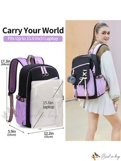 Bird in Bag - Medium Classic Block Backpack with Pom Pom Accent Large Capacity Purple Bag For Back To School, Back To School Large Capacity Purple Bag, Purple Bags With Large Capacity For Study, Trendy Purple Bags For Back To School, Trendy Purple Back-to-school Bags, Purple Portable Backpack For Everyday Use, Portable Purple Backpack For Everyday Use, Casual Purple Bag, Rectangular Purple Backpack For Study