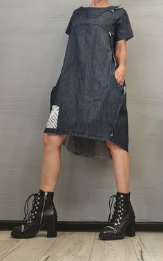 Denim Dress, Tunic Dress, Plus Size Clothing, Blouson Dress, Asymmetric Dress, Outside Seams - Etsy Blouson Dress, Asymmetrical Dress, Tunic Dress, Denim Dress, Plus Size Dresses, Quality Fabric, Plus Size Outfits, Dress Outfits, Plus Size