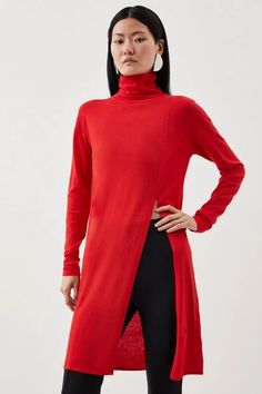 Cashmere Blend Deep Slip Longline Knit Top | Karen Millen Luxury Red Knit Sweater, Luxury Red Cashmere Tops, Winter Funnel Neck Turtleneck With Thumbholes, Winter Turtleneck With Thumbholes And Funnel Neck, Winter Long Sleeve Sweater With Thumbholes, Winter Sweater With Thumbholes And Long Sleeves, Winter Turtleneck Mock Neck Top With Thumbholes, Winter Mock Neck Top With Thumbholes For Layering, Winter Mock Neck Top With Thumbholes