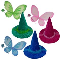 * Grant a wish with our adorable Sleeping Beauty Good Fairy Costume Hat, Wings and Wand Sets . Perfect for group costumes, family costumes, special events, dress up and school plays. * The set includes three good fairy hats, wings and wands in pink, blue and green. Individual Sets available in a separate listing.  * Hats are made from crushed velvet panne fabric lined with oxford fabric and felt with a tulle tie.  * The Wings are 16 inches tall and 24 inches wide fitting kids to adults. Each wooden wand is hand cut and painted in pink, green, and aqua blue then coated with glitter paint on top. They are made of solid wood and are 12 inches long. * Handmade to order in the USA. SIZES * Hats: 13 inches tall and 13.5 inches wide * Wings: 16 inches tall and 24 inches wide  * Wand: 12 inches lo Blue Whimsical Costume Hats And Headpieces, Themed Blue Costume Hats And Headpieces, Good Fairy Costume, Sleeping Beauty Fairies, Wooden Wand, Unique Costumes, Group Costumes, Glitter Paint, Family Costumes