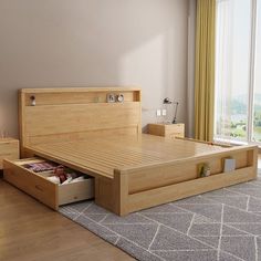 a bedroom with a bed and drawers in it