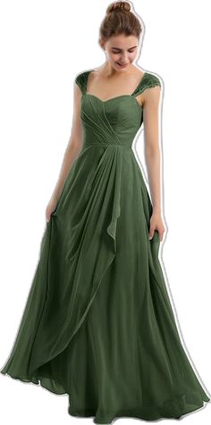 Bridesmaid Dresses With Lace, Prom Men, Long Chiffon Dress, Dresses With Lace, Sleeveless Chiffon Dress, Olive Green Dresses, Chiffon Bridesmaid Dresses, Dress Unique, Cap Sleeve Dress