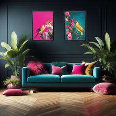 a living room with blue couches and pink pillows on the floor, plants in vases