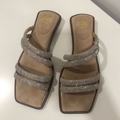 New Without Tags! Never Worn Size: 9m / 40 Glamorous Flat Sandals For Night Out, Chic Flat Sandals For Night Out, Brown Flat Sandals For Evening, Green Espadrilles, Gladiator Wedge Sandals, Metallic High Heels, Sparkly Sandals, Gold Stilettos, Orange Sandals