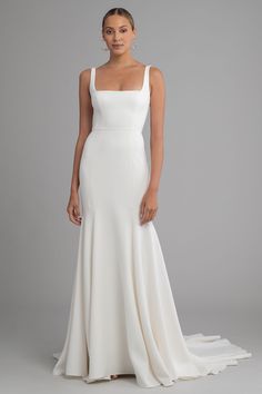 Jenny_Yoo_Collection_Bridal_Elliot_Wedding_Dress_Square_Neck_front_2 Square Neck Wedding Dress, Jenny Yoo Bridal, Jenny Yoo Collection, Minimal Wedding Dress, Top Wedding Dress Designers, Timeless Wedding Dress, Neck Wedding Dress, Chic Brides, Fit And Flare Skirt