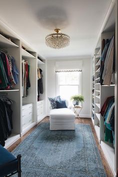 an organized closet with blue carpet and white furniture, including a large rug on the floor