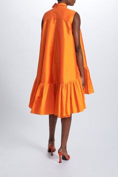 Taffeta trapeze dress with self scarf-tie and gathered hem detail. Shown in Tangerine. Amsale Dress, Cotton Gowns, Taffeta Dress, Trapeze Dress, Scarf Tying, Little White Dresses, African Attire, Pink Cotton, Wedding Outfit