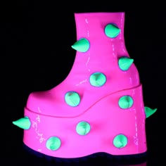 7" Wedge Platform Ankle Boots. Puffed Horns On The Outer Side. Inner Side Metal Zipper Closure. Uv Neon Reactive Glow Vegan Patent Leather. Styles: Gothic Stripper Clubbing Dancing Dancer Emo Goth Festival Yals-77 Green Platform Boots, Emo Boots, White Platforms, Goth Platforms, Demonia Boots, Concert Wear, Green Platform, Demonia Shoes, Pink Platforms