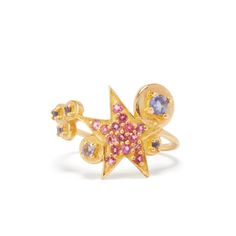 A ring meant to make you dream of fireworks and warm summer nights. Who doesn't love that combo? 14k gold plating over 925 Sterling silver. 1/2"L x 3/4"W. Pink tourmaline and amethyst stones. 1mm shank width. Gold Multi-stone Pink Sapphire Jewelry, Gold Jewelry With Multi-stone Pink Sapphire, Gold Multi-stone Jewelry With Pink Sapphire, Pink Sapphire Multi-stone Gold Jewelry, Gold Multi-stone Pink Sapphire Ring, Celestial Amethyst Gold Jewelry, Yellow Gold Star-shaped Gemstone Ring, Gold Multi-stone Amethyst Ring, Gold Rings With Multi-stone Pink Sapphire