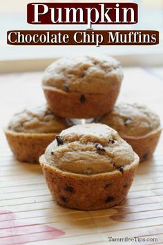 pumpkin chocolate chip muffins stacked on top of each other with text overlay