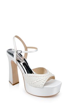 Sparkling embellishments amplify the elegant style of this special-occasion-ready platform sandal. 5" heel; 1 1/2" platform Adjustable ankle strap with buckle closure; hidden elastic inset Cushioned footbed Textile upper/synthetic lining/leather sole Imported Jewel Badgley Mischka, Diamond Fashion Jewelry, Flat Booties, Platform Block Heels, Platform Stilettos, Heeled Sandal, Chunky Platform, Diamond Fashion, Ankle Straps