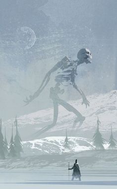 a man walking across a snow covered field next to a giant alien skeleton in the sky