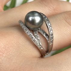 Estate 14KT White Gold Pave Diamond + Tahitian South Sea Pearl Ring Size 7 - Legacy Saint Jewelry Luxury Silver Tahitian Pearl Ring, Classic Silver Ring With Tahitian Pearl, Classic Silver Tahitian Pearl Ring, Silver Tahitian Pearl Fine Jewelry Ring, Fine Jewelry Silver Ring With Tahitian Pearl, Elegant Gray Wedding Rings, White Gold Tahitian Pearl Rings For Formal Occasions, Formal White Gold Rings With Tahitian Pearl, Formal White Gold Tahitian Pearl Rings