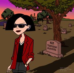 a cartoon woman standing in front of a grave with her hand on her hip and wearing sunglasses