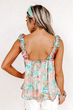 Our cute peach colored 'On A Wave Shift Top' is a spring time essential with its lightweight material, pretty blue and green tropical print, square neckline and upper back, wide ruffled sleeveless shoulder straps, and relaxed silhouette that falls into a straight hemline! on products Measurements S : Bust 32", Hip 44", Length 25", Waist 36". M : Bust 34", Hip 46", Length 25", Waist 38". L : Bust 36", Hip 48", Length 25", Waist 40". Cute Peach, Tropical Print, Blue And Green, Square Neckline, Spring Time, Shoulder Straps, Luxury Fashion, Square, Floral