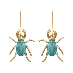 Brass stag beetles with a hand applied patina hang from gold dipped brass wires. Nickel and lead free.2.25" [5.5cm] total length. Beetle Earrings, Pngs For Moodboards, Orchid Earrings, Stag Beetle, Peacock Earrings, Hair Adornments, Dragonfly Earrings, Snake Earrings, Bee Earrings