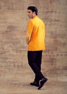 This Mustard Yellow Jodhpuri Jacket is in Raw Silk with Ivory Resham embroidery on the sleeves. This Jodhpuri Jacket can also be paired with any pastel colour Kurta Set or Ivory Color Slim Pants. Perfect fit for Haldi Functions. Brand: Panache Haute Couture Availability: Online and In-store Delivery Time: 4-6 Weeks Fabric: Jacket - Raw Silk, Trousers: Raw Silk Customisation: Colour Options Available. For more colour options please contact our team through WhatsApp+61470219564 Disclaimer: The mod Yellow Unstitched Suit With Intricate Embroidery, Festive Long Sleeve Chikankari Bandhgala, Festive Long Sleeve Bandhgala With Chikankari Embroidery, Elegant Embroidered Cotton Silk Bandhgala, Cotton Silk Traditional Wear With Dabka Work, Chanderi Kurta With Embroidered Long Sleeves, Cotton Silk Kurta With Embroidered Sleeves, Traditional Cotton Silk Wear With Zari Work, Long Sleeve Cotton Silk Sherwani With Dabka Work